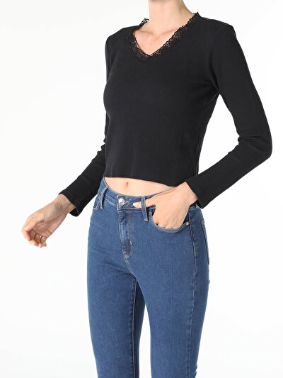 Image de T-shirt À Manches Longues Noir Slim Fit  Femme