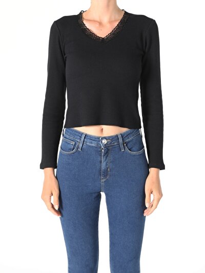 Image de T-shirt À Manches Longues Noir Slim Fit  Femme
