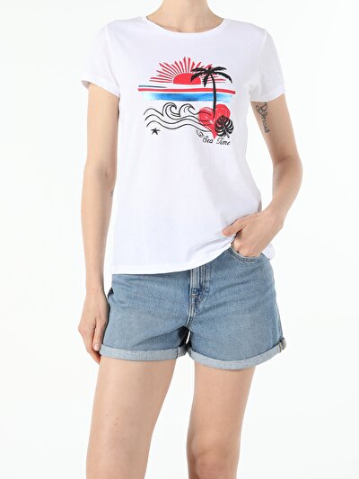 Afficher les détails de T-shirt À Manches Courtes Blanc Regular Fit  Femme