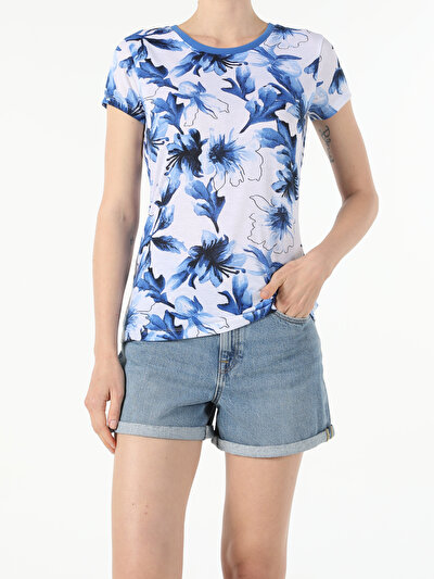 Image de T-shirt À Manches Courtes Bleu Slim Fit  Femme