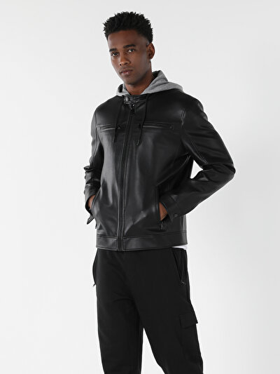 Manteau En Simili Cuir Noir À Capuche En Fourrure Coupe Régulière Pour  Hommes Pu