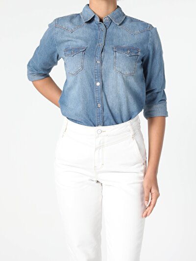 Image de Chemise À Manches Longues Bleu Slim Fit Femme