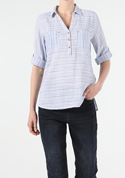 Image de Chemisier À Manches Longues Bleu Regular Fit Femme