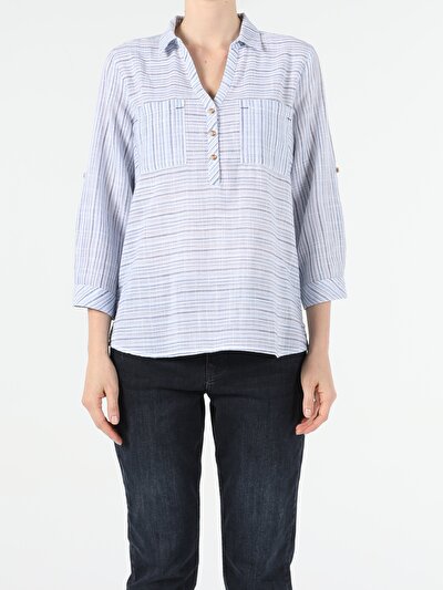 Image de Chemisier À Manches Longues Bleu Regular Fit Femme