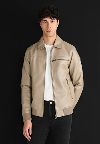 Afficher les détails de Veste Pu Marron   Slim Fit Homme