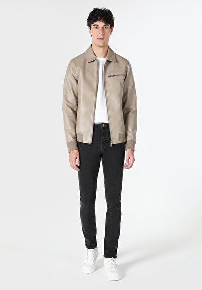 Afficher les détails de Veste Pu Marron   Slim Fit Homme