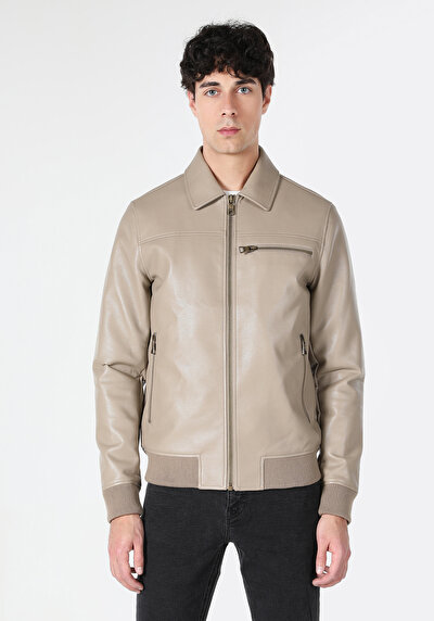 Afficher les détails de Veste Pu Marron   Slim Fit Homme