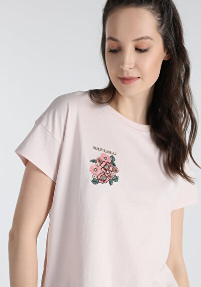 Image de T-shirt À Manches Courtes Rose Regular Fit Brodé Femme