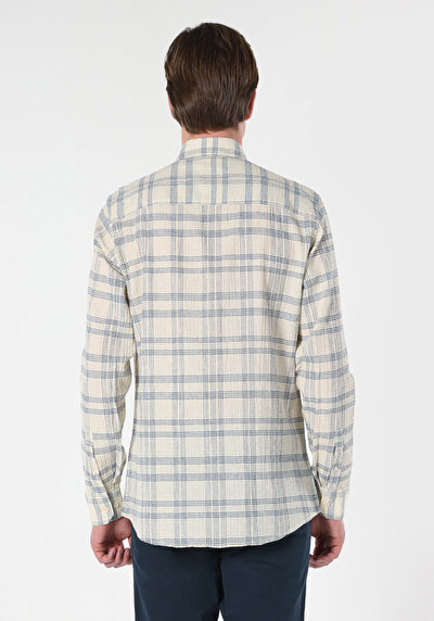 Image de Chemise À Manches Longues Blanc Regular Fit Plaid Lin Homme