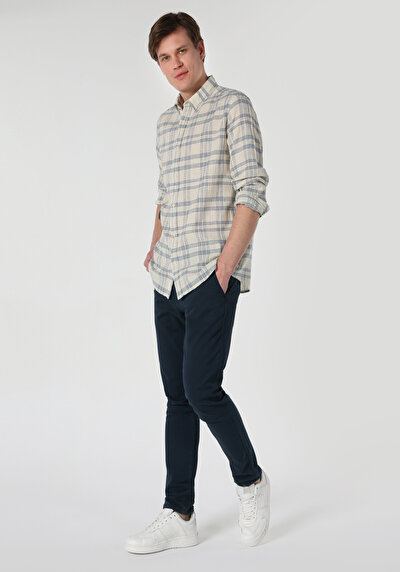 Image de Chemise À Manches Longues Blanc Regular Fit Plaid Lin Homme