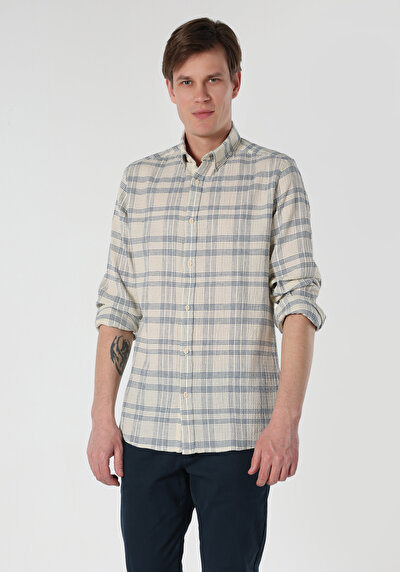 Image de Chemise À Manches Longues Blanc Regular Fit Plaid Lin Homme