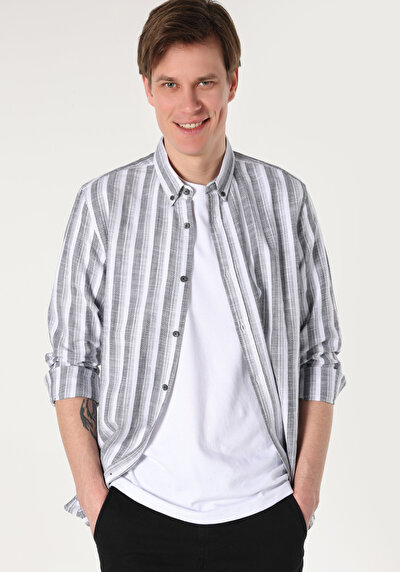 Image de Chemise À Manches Longues Anthracite Regular Fit Rayé Lin Homme