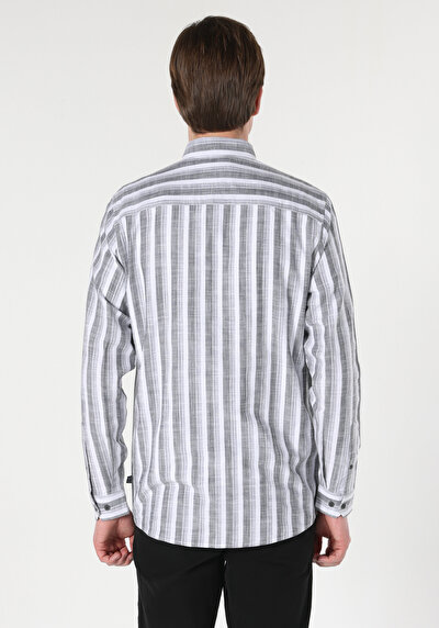Image de Chemise À Manches Longues Anthracite Regular Fit Rayé Lin Homme