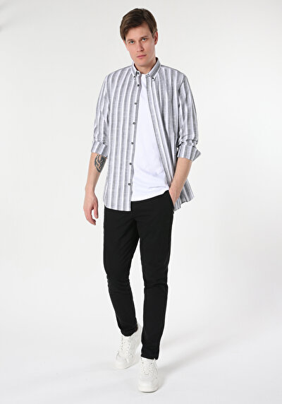 Image de Chemise À Manches Longues Anthracite Regular Fit Rayé Lin Homme