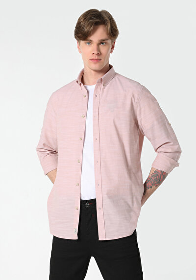 Afficher les détails de Chemise À Manches Longues Rose Regular Fit Droit Popeline Homme