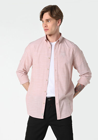 Afficher les détails de Chemise À Manches Longues Rose Regular Fit Droit Popeline Homme