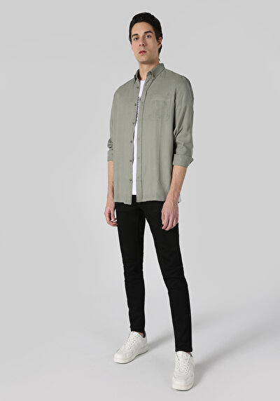 Image de Chemise À Manches Longues Kaki Regular Fit Droit Gabardine Homme