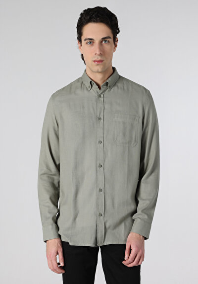 Image de Chemise À Manches Longues Kaki Regular Fit Droit Gabardine Homme