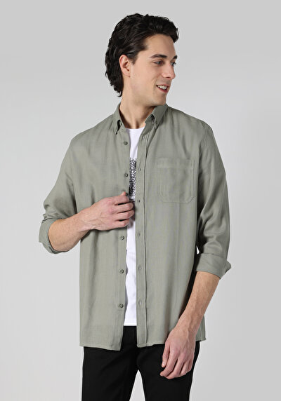 Image de Chemise À Manches Longues Kaki Regular Fit Droit Gabardine Homme