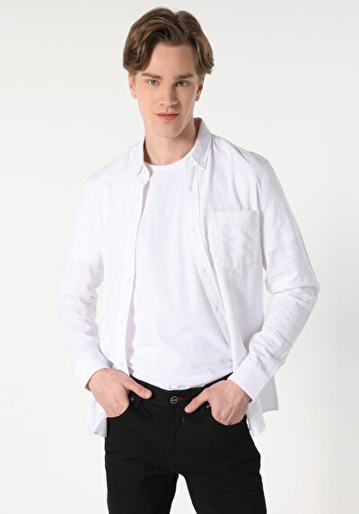 Image de Chemise À Manches Longues Blanc Slim Fit Droit Popeline Homme