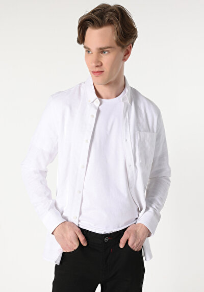 Image de Chemise À Manches Longues Blanc Slim Fit Droit Popeline Homme