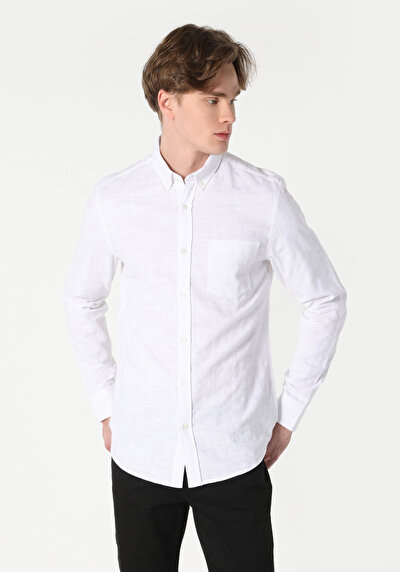 Image de Chemise À Manches Longues Blanc Slim Fit Droit Popeline Homme