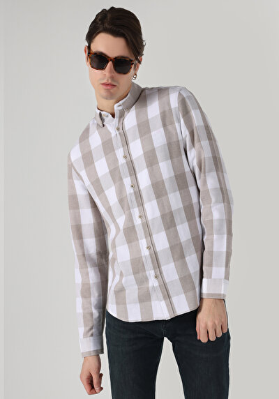 Image de Chemise À Manches Longues Beige Slim Fit Carré Ratière Homme