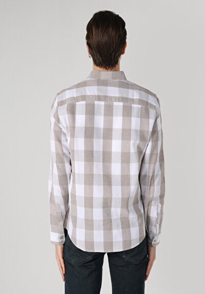 Image de Chemise À Manches Longues Beige Slim Fit Carré Ratière Homme