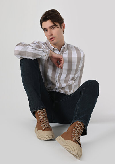 Image de Chemise À Manches Longues Beige Slim Fit Carré Ratière Homme