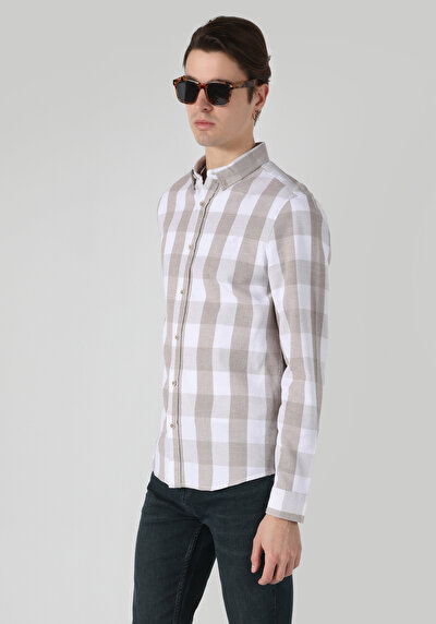 Image de Chemise À Manches Longues Beige Slim Fit Carré Ratière Homme