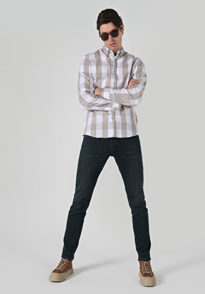 Image de Chemise À Manches Longues Beige Slim Fit Carré Ratière Homme