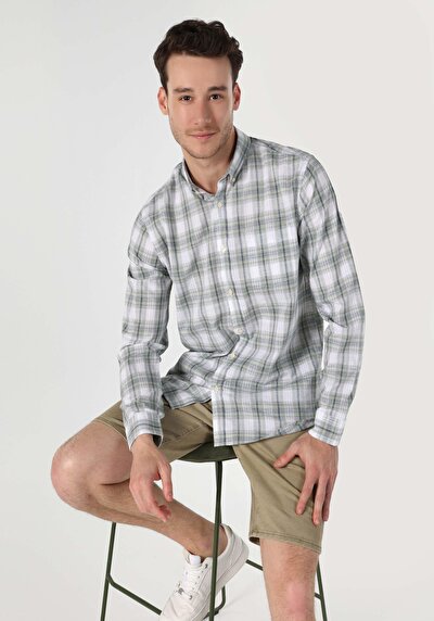 Image de Chemise À Manches Longues Vert Regular Fit Plaid Oxford Homme