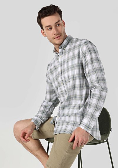 Image de Chemise À Manches Longues Vert Regular Fit Plaid Oxford Homme