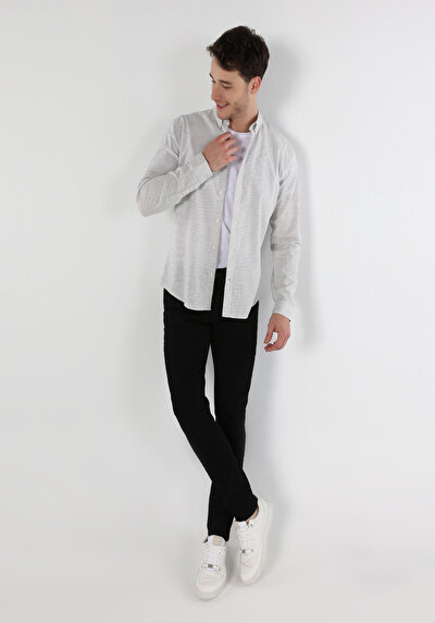 Image de Chemise À Manches Longues Gris Slim Fit Rayé Oxford Homme