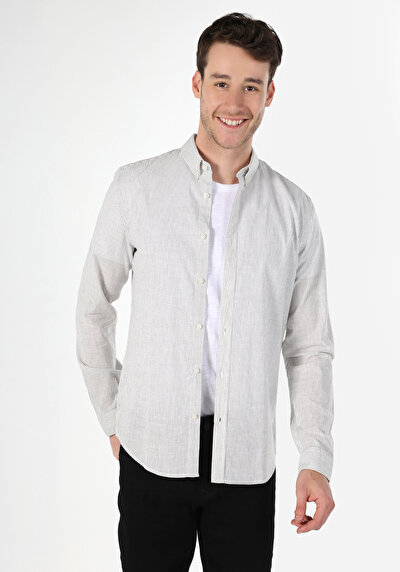 Image de Chemise À Manches Longues Gris Slim Fit Rayé Oxford Homme