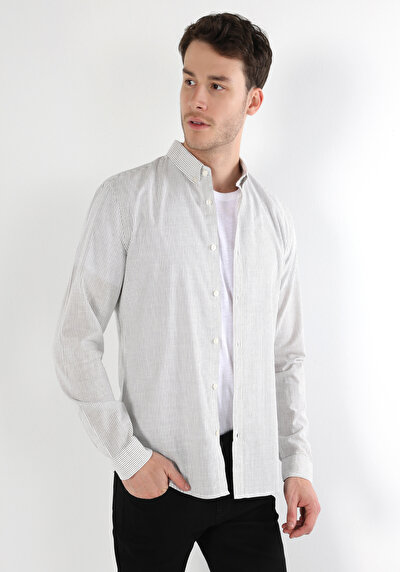 Image de Chemise À Manches Longues Gris Slim Fit Rayé Oxford Homme