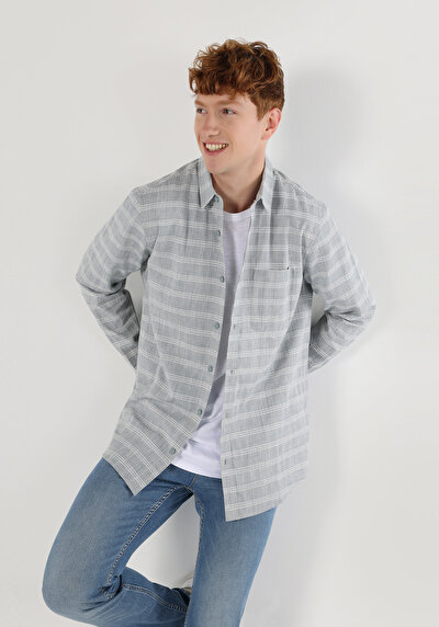 Image de Chemise À Manches Longues Gris Comfort Fit Rayé Ratière Homme