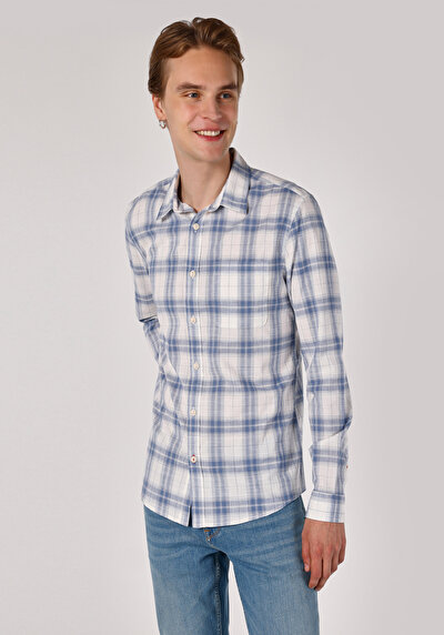 Image de Chemise À Manches Longues Bleu Slim Fit Plaid Popeline Homme