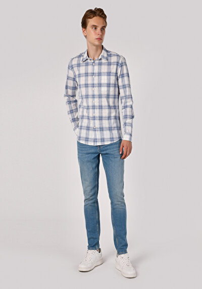 Image de Chemise À Manches Longues Bleu Slim Fit Plaid Popeline Homme