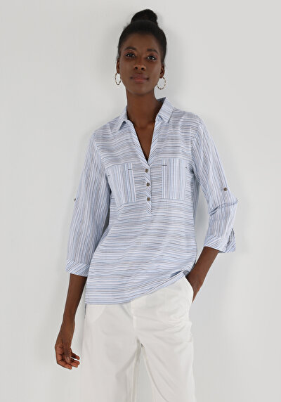 Image de Chemisier À Manches Longues Bleu Regular Fit Femme