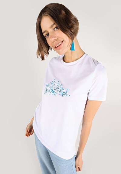 Afficher les détails de T-shirt À Manches Courtes Blanc Regular Fit Imprimé Femme