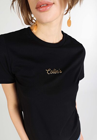 Image de T-shirt À Manches Courtes Noir Regular Fit Imprimé Femme