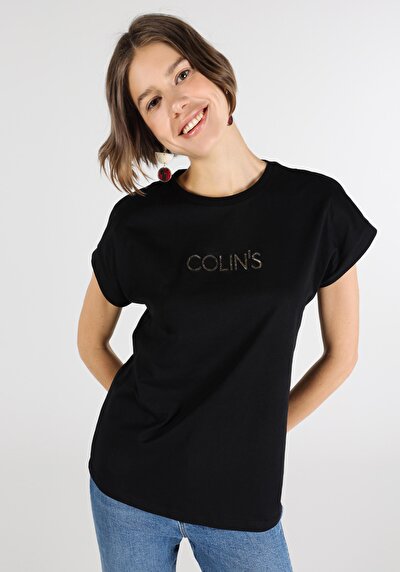 Image de T-shirt À Manches Courtes Noir Regular Fit Imprimé Femme
