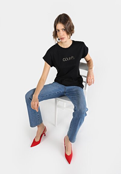 Image de T-shirt À Manches Courtes Noir Regular Fit Imprimé Femme