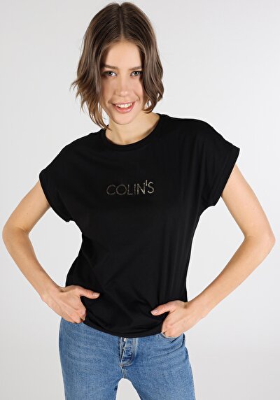 Image de T-shirt À Manches Courtes Noir Regular Fit Imprimé Femme