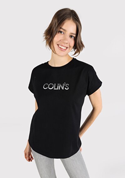 Image de T-shirt À Manches Courtes Noir Regular Fit Imprimé Femme