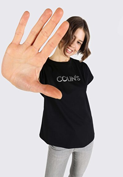 Image de T-shirt À Manches Courtes Noir Regular Fit Imprimé Femme