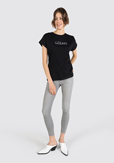 Image de T-shirt À Manches Courtes Noir Regular Fit Imprimé Femme