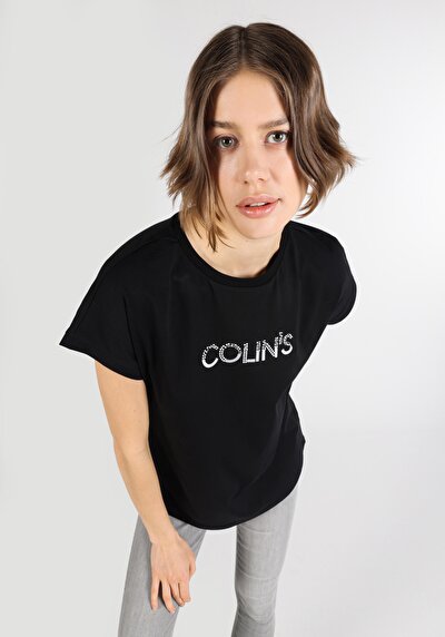 Image de T-shirt À Manches Courtes Noir Regular Fit Imprimé Femme