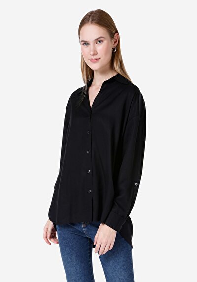 Image de Chemise À Manches Longues Noir Relaxed Fit Droit Sergé Femme